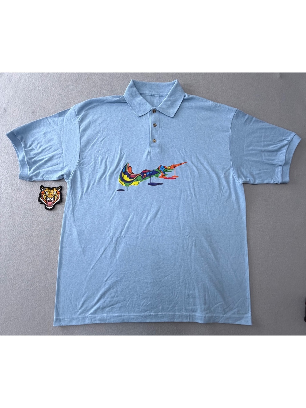 269/541 Men’s 3XL Light Blue Graphic Polo Shirt Colorful Sneaker Design